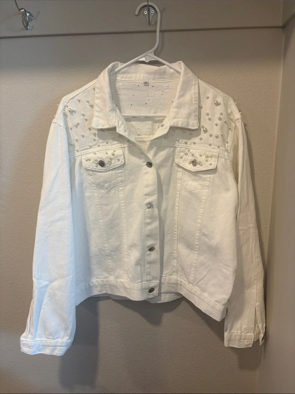 BRIDE White Pearl-Embellished Womens Denim Jacket